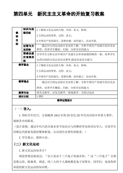 部编人教版历史八年级上册第四单元《新民主主义革命的开始》  复习 教案