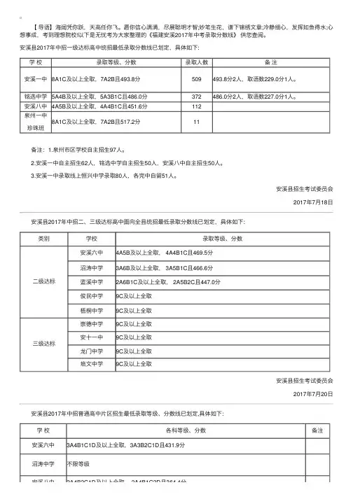 福建安溪2017年中考录取分数线正式公布