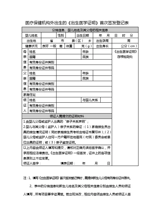 医疗保健机构外出生的《出生医学证明》首次签发登记表