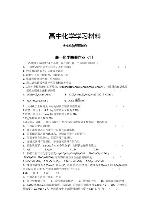 人教版高中化学必修一高一寒假作业1