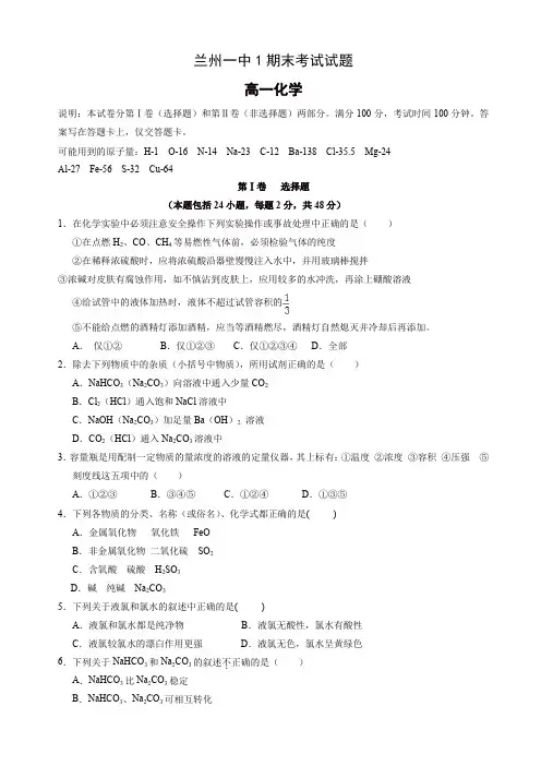 甘肃省兰州市高一上学期期末考试化学试题_有答案