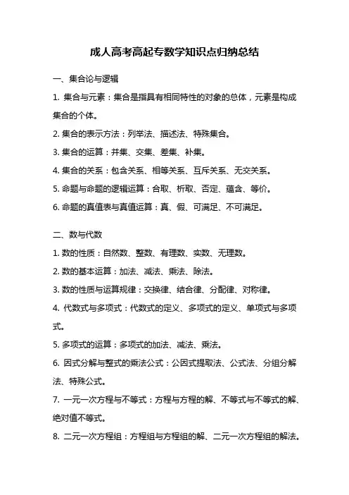 成人高考高起专数学知识点归纳总结