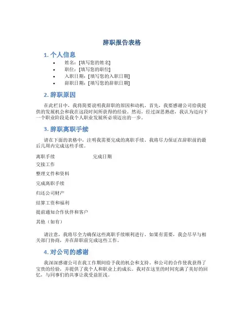 辞职报告表格