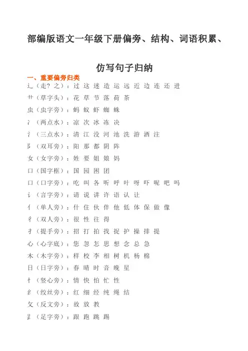 部编版语文一年级下册偏旁