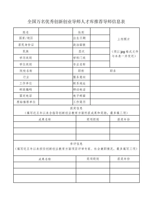 全国万名优秀创新创业导师人才库推荐导师信息表(2023年)