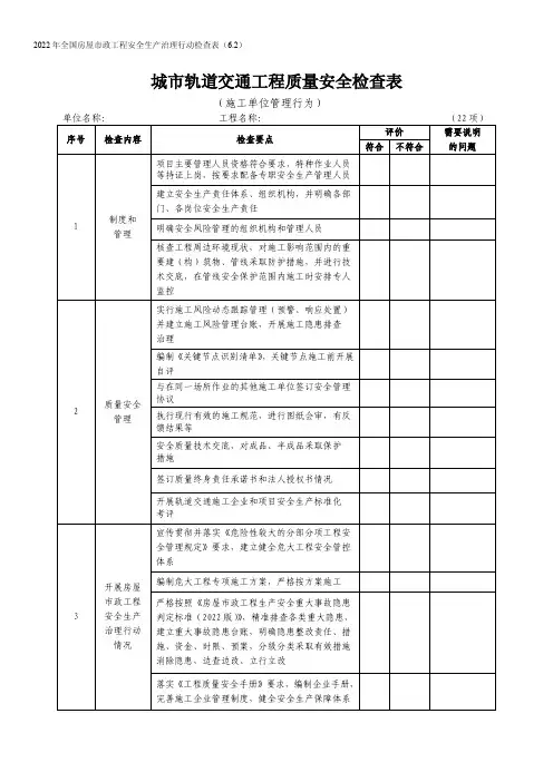 城市轨道交通工程质量安全检查表(施工单位管理行为)