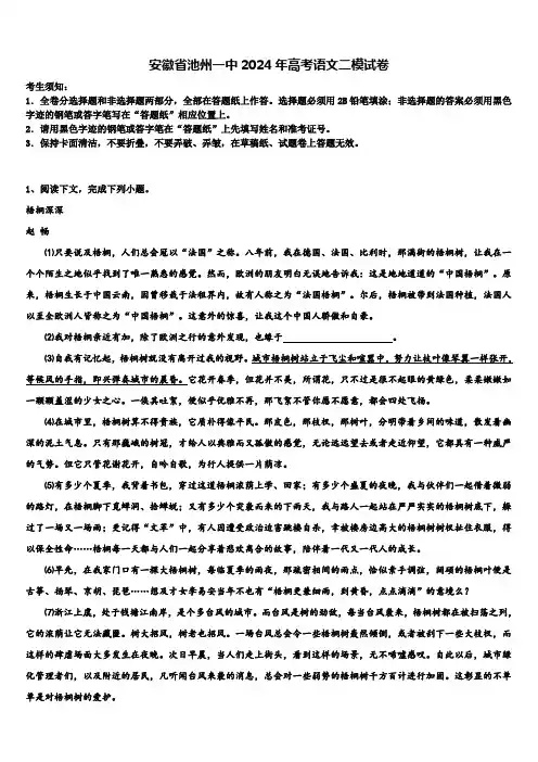 安徽省池州一中2024年高考语文二模试卷含解析