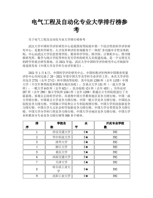 电气工程及自动化专业大学排行榜参考