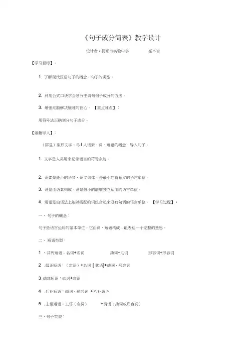 人教版初二语文下册句子成分简表