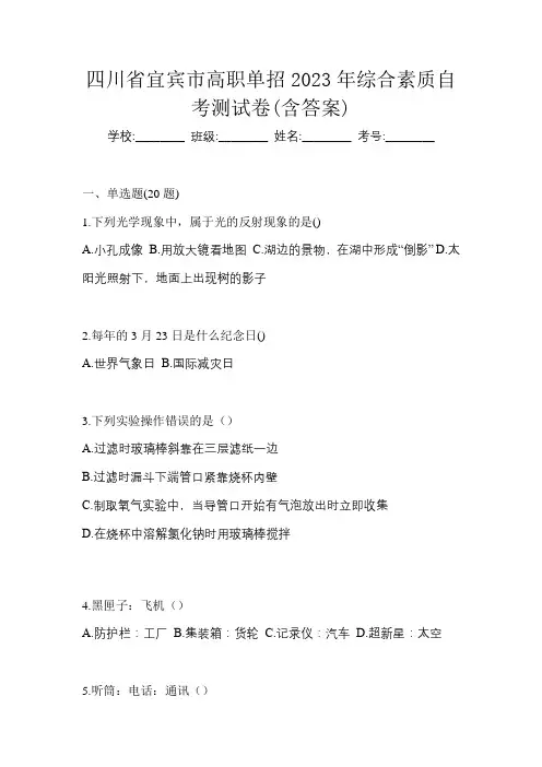 四川省宜宾市高职单招2023年综合素质自考测试卷(含答案)