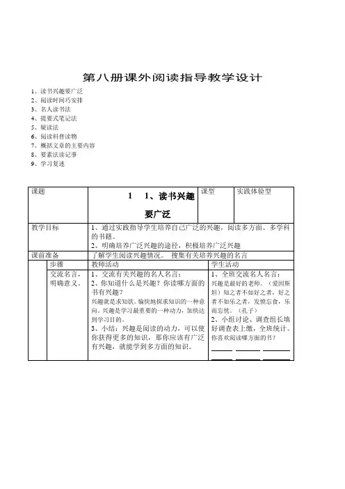小学语文第八册四年级下学期课外阅读指导全册表格式教案设计