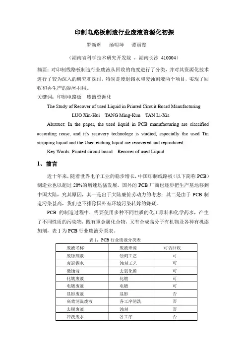 印制电路板制造行业废液资源化初探概要