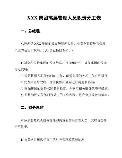 XXX集团高层管理人员职责分工表