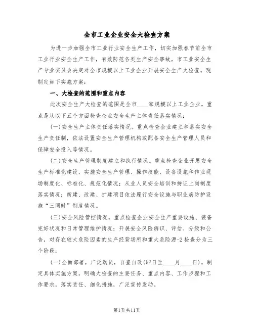 全市工业企业安全大检查方案(五篇)