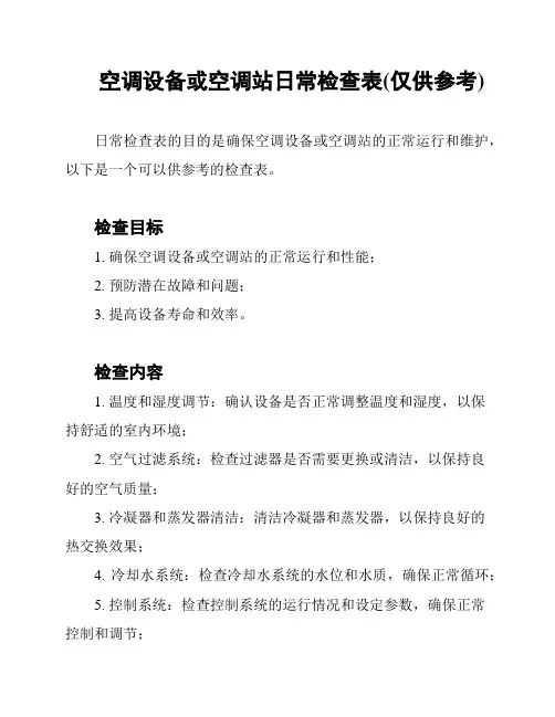 空调设备或空调站日常检查表(仅供参考)