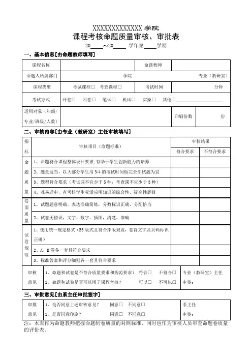课程考核命题质量审核、审批表