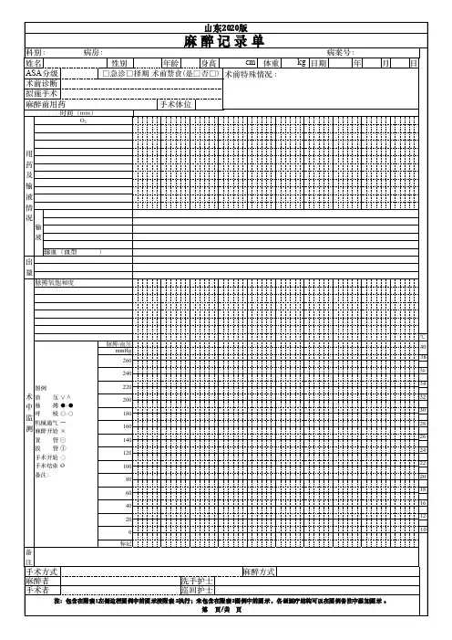 山东2020版 麻醉记录单