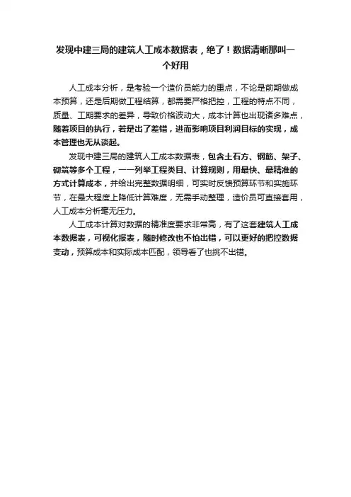 发现中建三局的建筑人工成本数据表，绝了！数据清晰那叫一个好用
