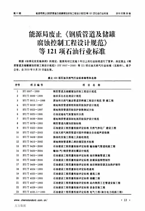 能源局废止《钢质管道及储罐腐蚀控制工程设计规范》等121项石油行业标准