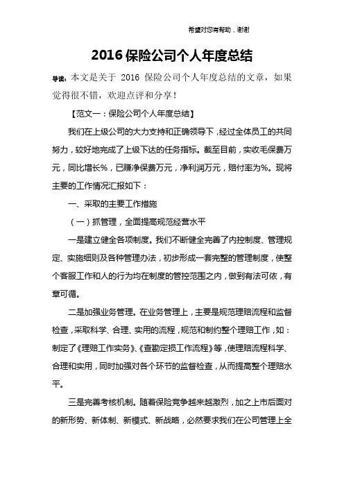 2016保险公司个人年度总结