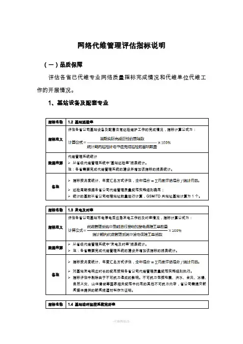 网络代维管理评估指标说明