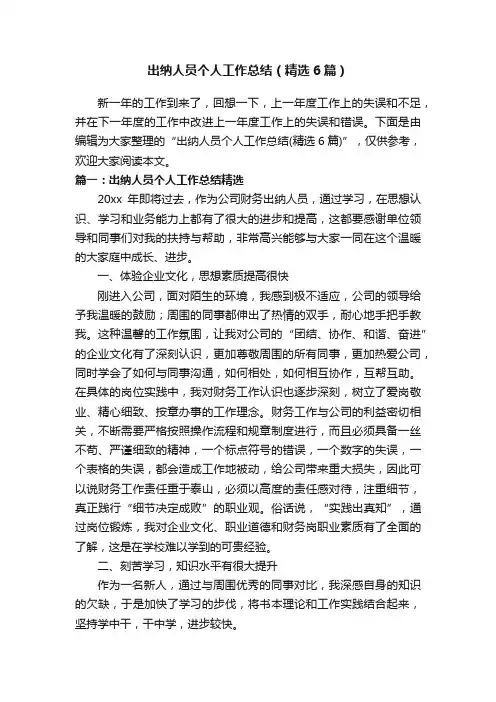 出纳人员个人工作总结（精选6篇）