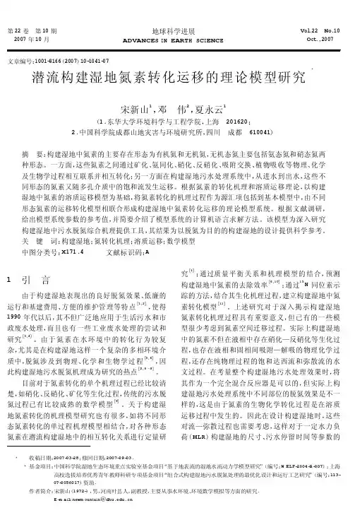 潜流构建湿地氮素转化运移的理论模型研究
