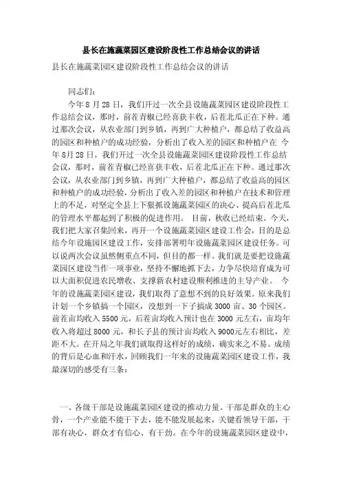 县长在施蔬菜园区建设阶段性工作总结会议的讲话（范本）