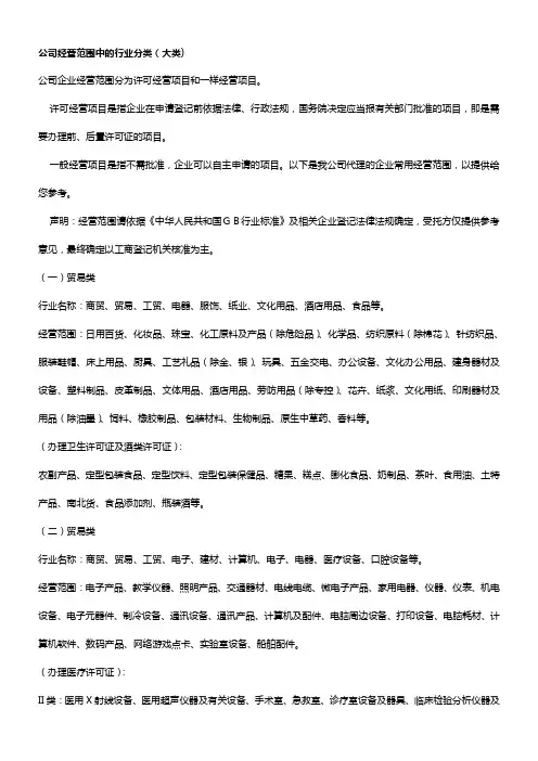 公司经营范围中的行业分类