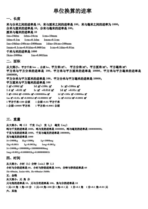 单位换算进率表
