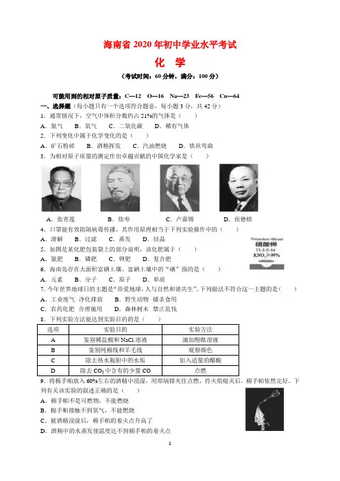 2020年海南省中考化学试题及参考答案(word解析版)