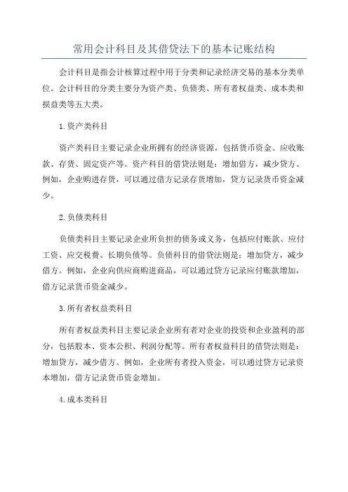 常用会计科目及其借贷法下的基本记账结构