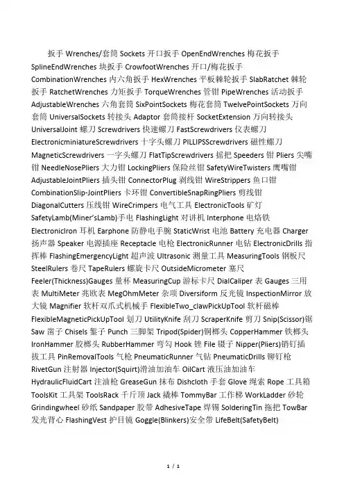 工具英文名称