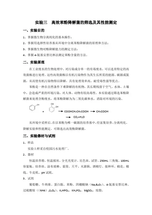 实验三  高效苯酚降解菌的筛选及其性能测定