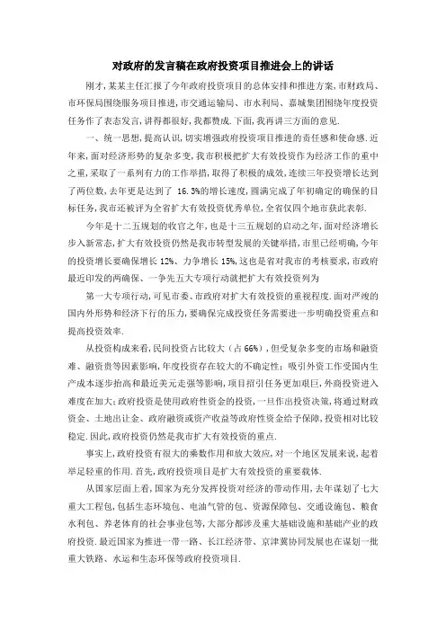 对政府的发言稿 在政府投资项目推进会上的讲话 精品