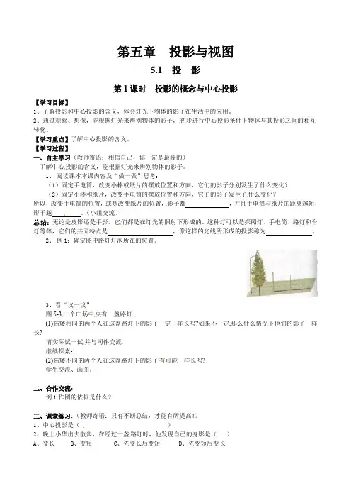北师大版九年级上册数学      第1课时  投影的概念与中心投影导学案1