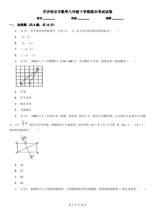 齐齐哈尔市数学八年级下学期期末考试试卷