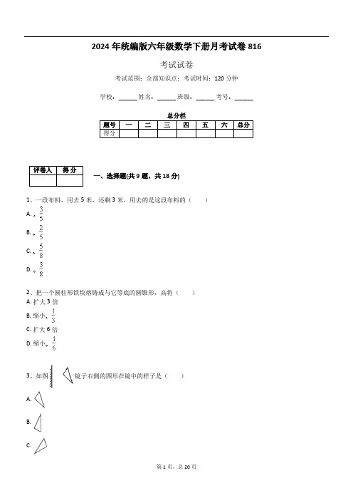 2024年统编版六年级数学下册月考试卷816