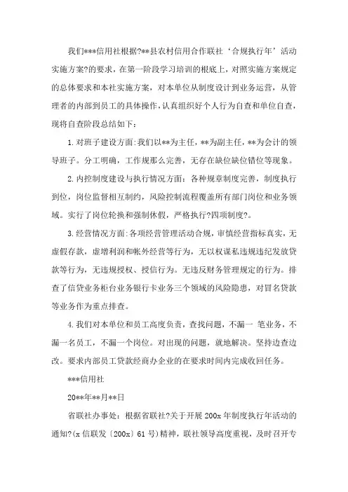 信用社制度执行年自查报告三篇精选