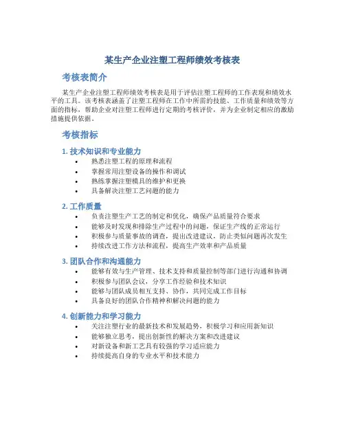 某生产企业注塑工程师绩效考核表