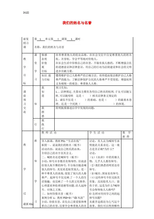 [推荐学习]七年级政治上册 第一单元 第4课 我们的姓名与名誉(第1课时)教案 苏教版
