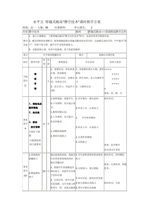 水平五  背越式跳高“腾空技术”课时教学方案
