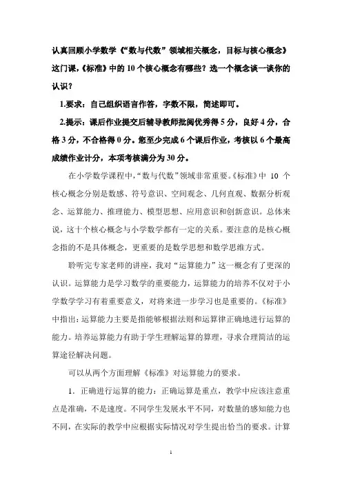 认真回顾小学数学《“数与代数”领域相关概念,目标与核心概念》这门课,《标准》中的10个核心概念有哪些？