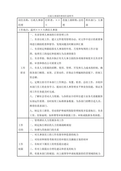 行政人事部经理岗位说明书