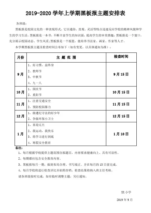 2019秋季黑板报主题安排表