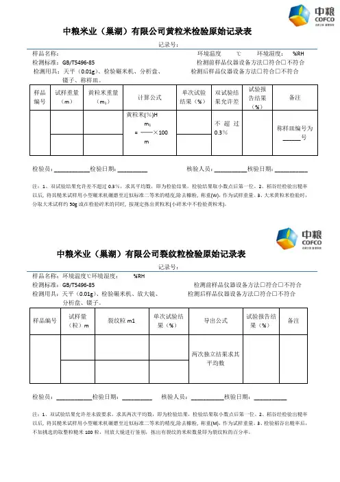中粮(巢湖)米业大米检测原始记录表1