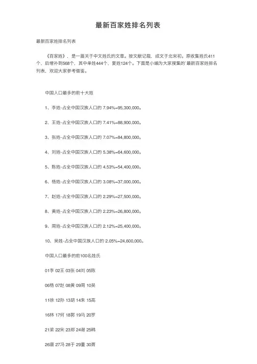 最新百家姓排名列表