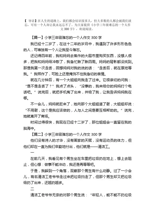 小学三年级难忘的一个人作文300字