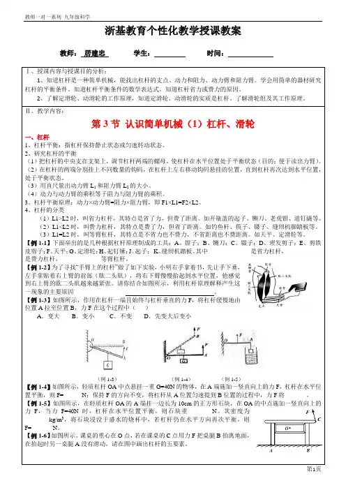 一对一教学 浙教版九上科学 第三章第3节 认识简单机械(1)杠杆、滑轮