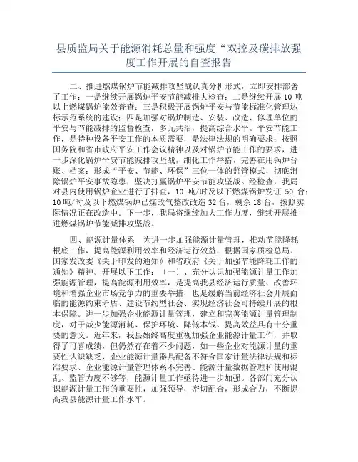 县质监局关于能源消耗总量和强度“双控及碳排放强度工作开展的自查报告